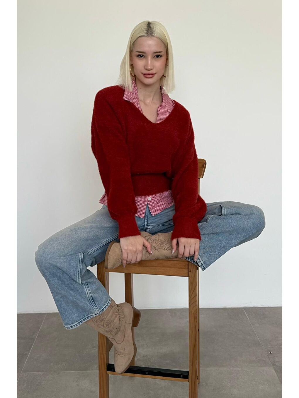 Kırmızı V Yaka Yumuşak Dokulu Kadın Kazak Mg2499-5