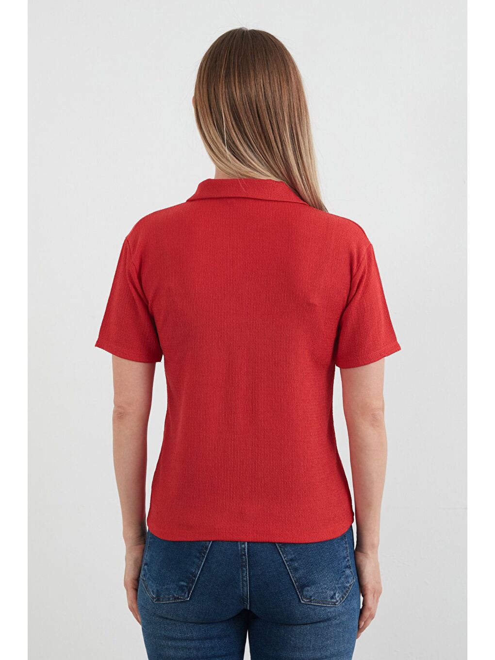 Kırmızı Bürümcük Kumaş Düğmeli Polo Yaka Tişört-3