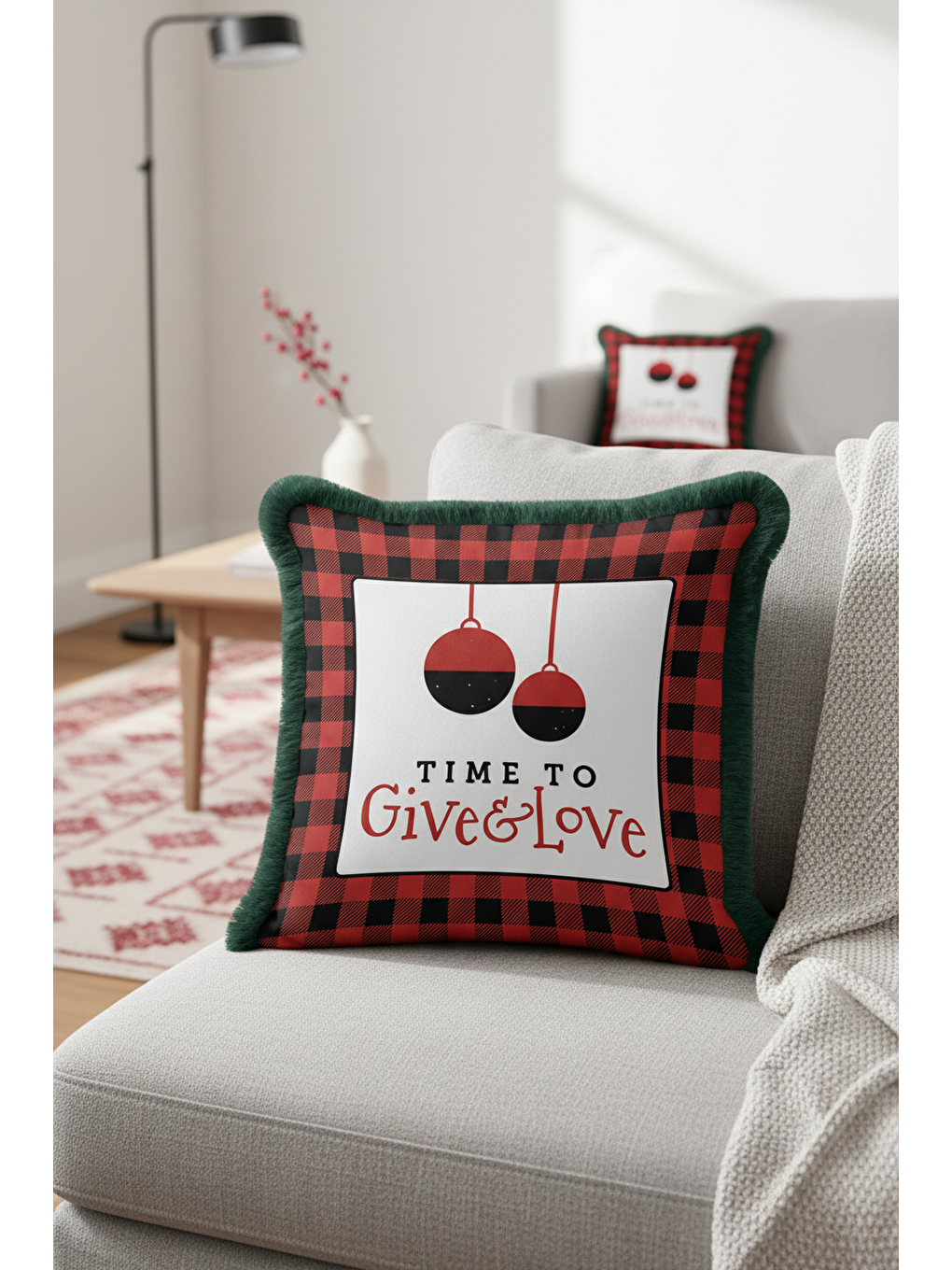 Karışık Lüks Kırmızı Ekose Saçaklı Yastık Kılıfı - Rustik Yeni Yıl Temalı Yeşil Püsküllü Kırlent Kılıfı-2