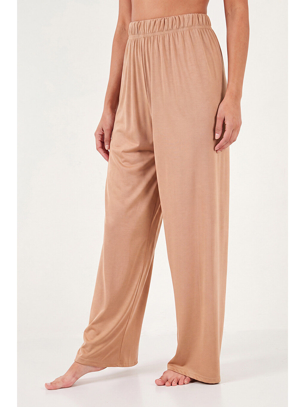 Bej Yumuşak Dokulu Bisiklet Yaka Lastikli Bel Kısa Kollu Kadın Pijama Takımı 65720102-4