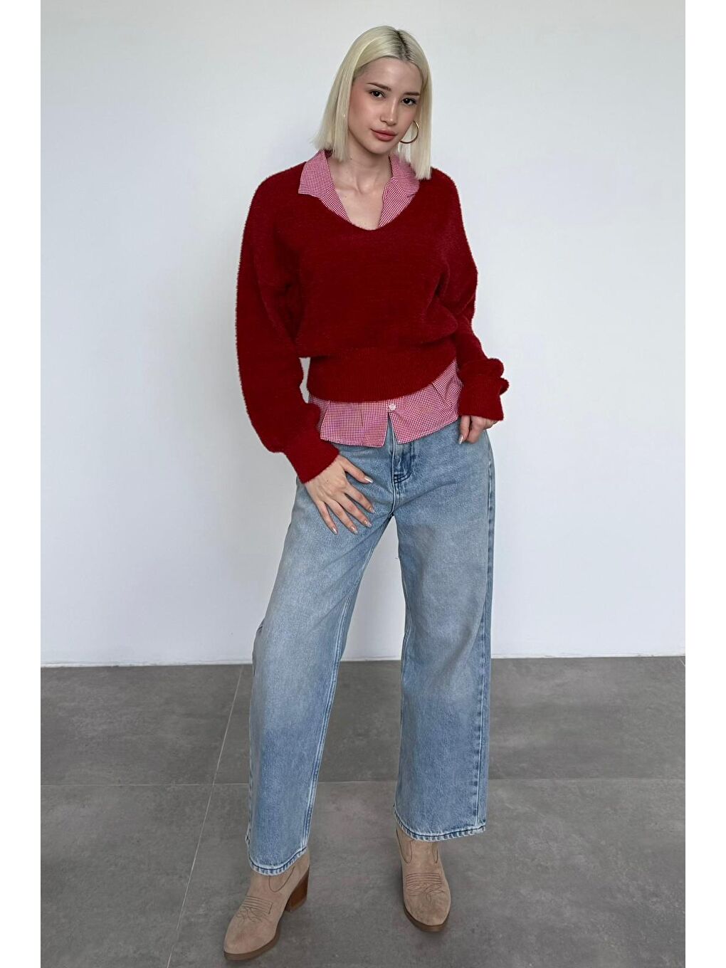 Kırmızı V Yaka Yumuşak Dokulu Kadın Kazak Mg2499-6