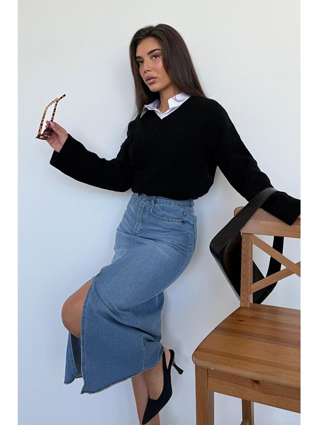 Siyah V Yaka Triko Kadın Kazak Mg2501-2