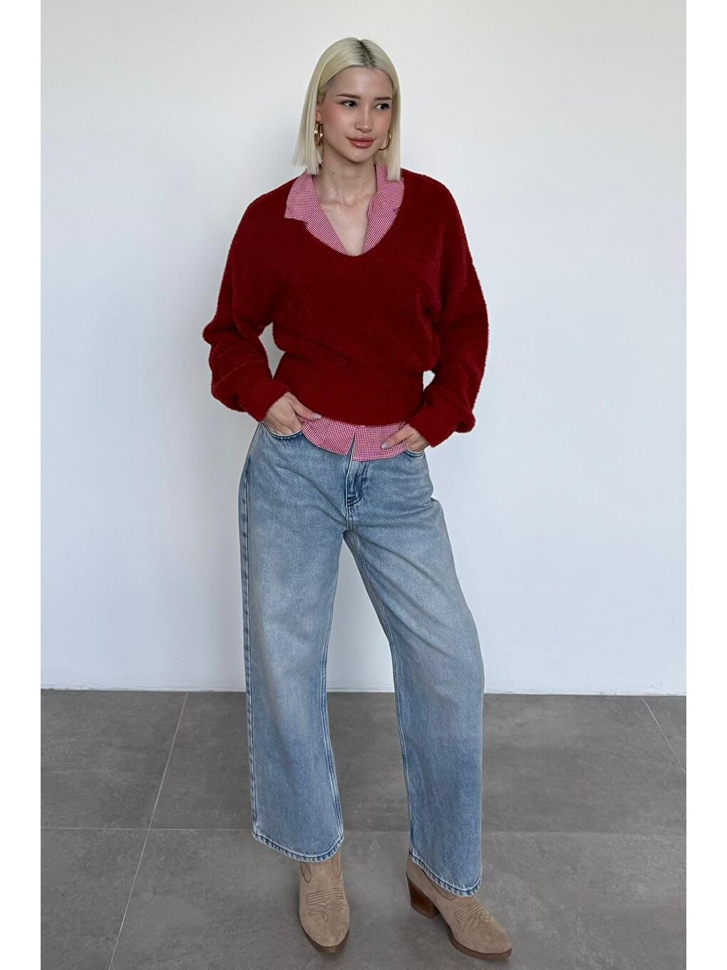 Kırmızı V Yaka Yumuşak Dokulu Kadın Kazak Mg2499-7