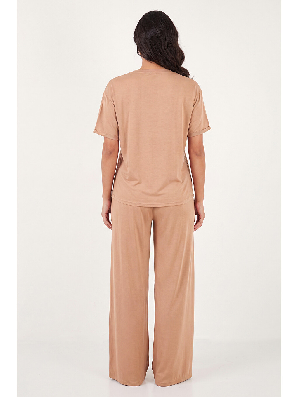 Bej Yumuşak Dokulu Bisiklet Yaka Lastikli Bel Kısa Kollu Kadın Pijama Takımı 65720102-6