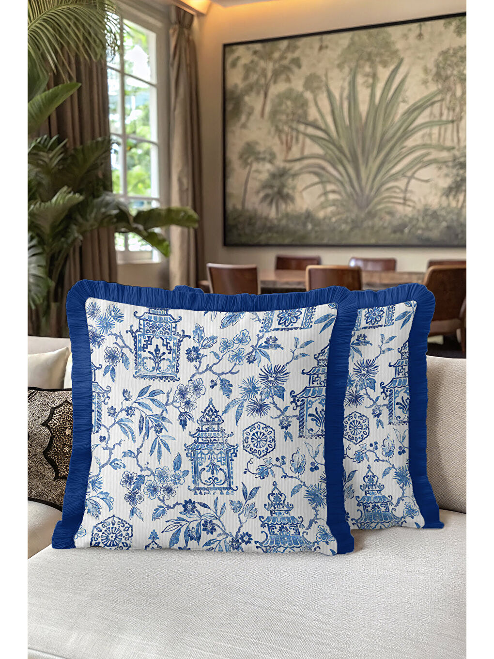 Karışık Zarif Motifli Saçaklı Yastık Kılıfı - Chinoiserie Bahar Mavisi Vintage Püsküllü Kırlent Kılıfı-5