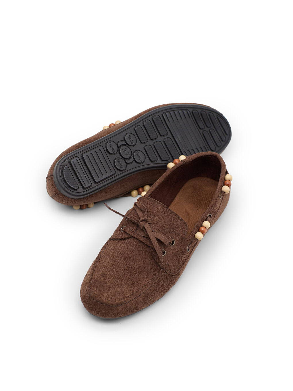 Kahverengi Kadın Kahve Rahat Kalıp Boncuk Detaylı Günlük Babet-1