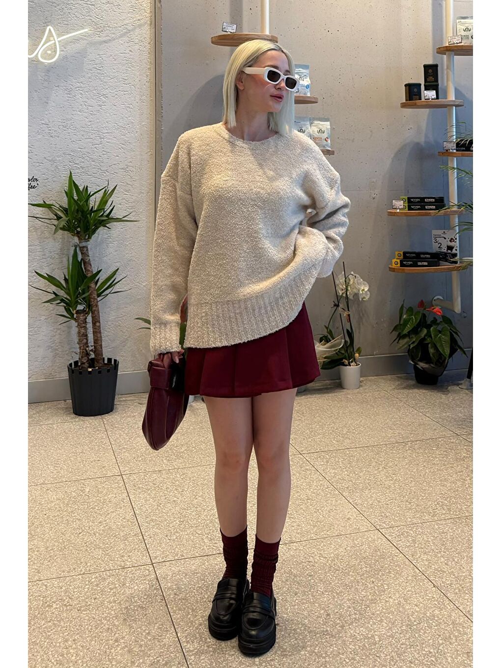 Bej Bisiklet Yaka Kadın Buklet Kazak Mg2480-4