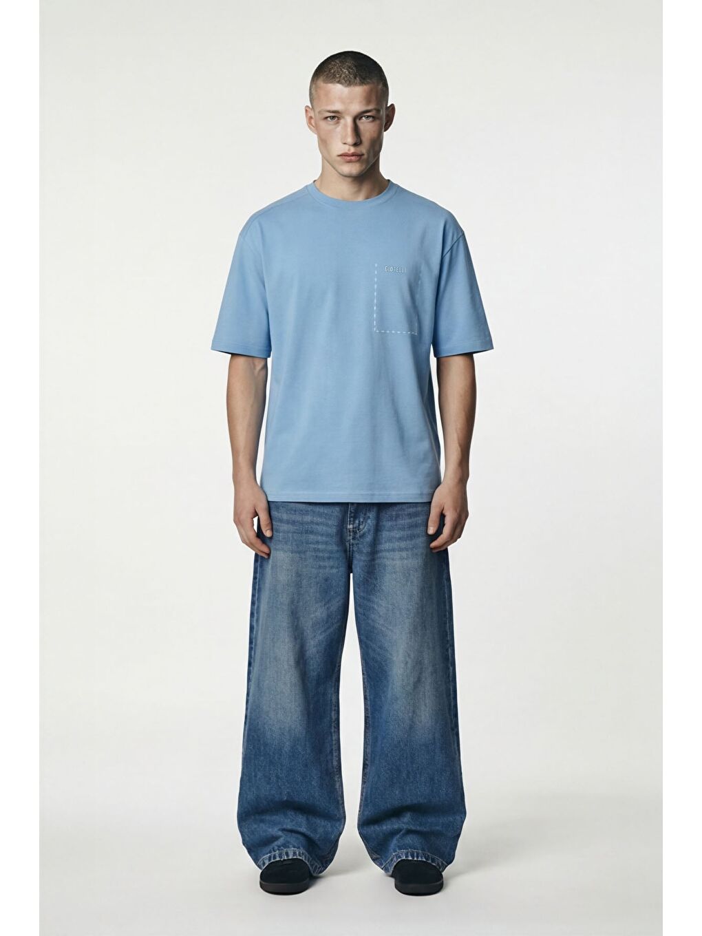 Giotelli Erkek Açık Mavi Geniş Kesim Oversize Fit Baskılı Kısa Kollu Bisiklet Yaka Tişört-1