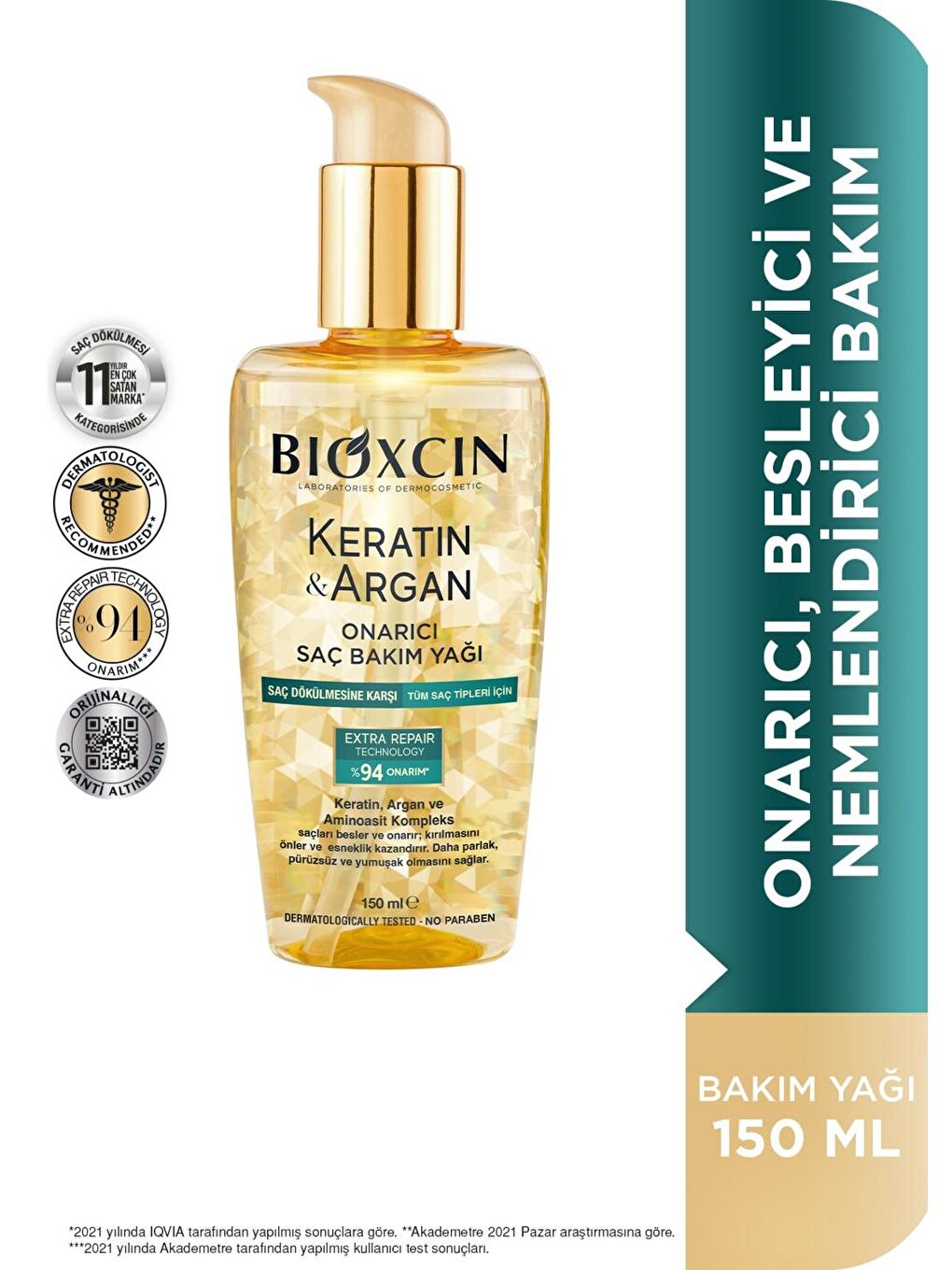 Bioxcin Renksiz Keratin & Argan Onarıcı Saç Bakım Yağı 150 ml