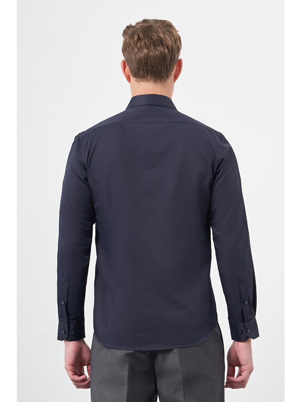 Koyu Lacivert Uzun Kol Düz Bez Ayağı Sert Yaka Cepsiz Pamuklu Classic Slim Fit Gömlek 1004245267-4