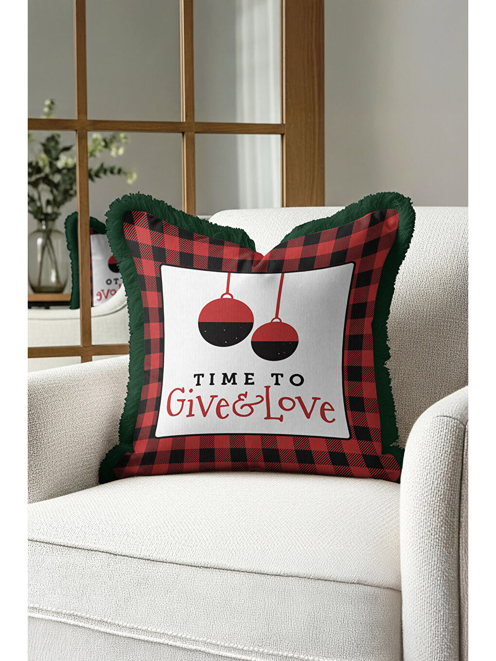 Karışık Lüks Kırmızı Ekose Saçaklı Yastık Kılıfı - Rustik Yeni Yıl Temalı Yeşil Püsküllü Kırlent Kılıfı-3