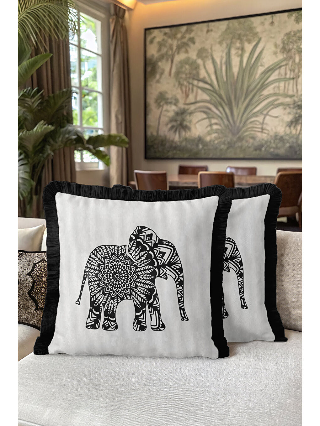 Karışık Mandala Fil Motifli Saçaklı Yastık Kılıfı - Bohem Siyah Beyaz Püsküllü Kırlent Kılıfı-5