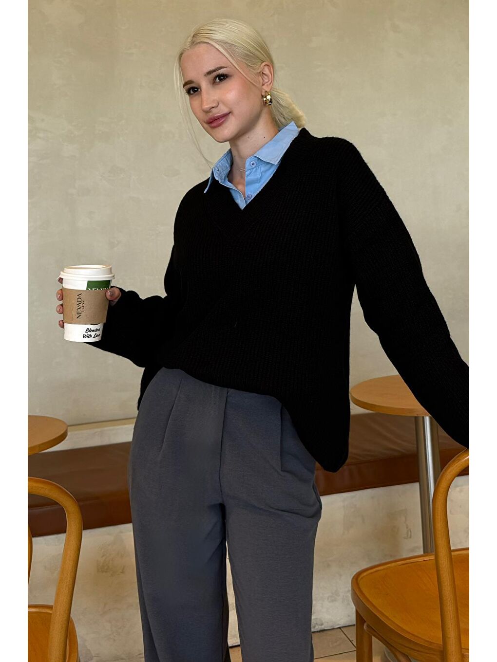 Siyah V Yaka Triko Kadın Kazak Mg2501-8