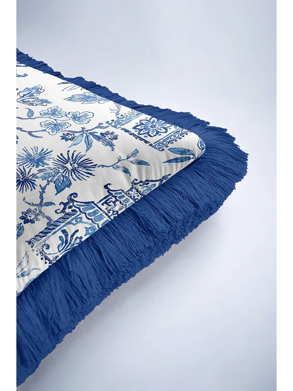 Karışık Zarif Motifli Saçaklı Yastık Kılıfı - Chinoiserie Bahar Mavisi Vintage Püsküllü Kırlent Kılıfı-6