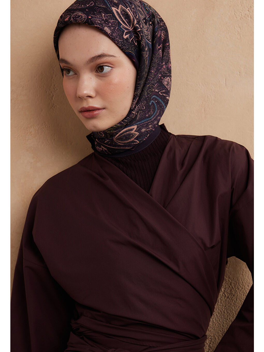 Amora Desen Pamuk İpek Eşarp Koyu Mor-1