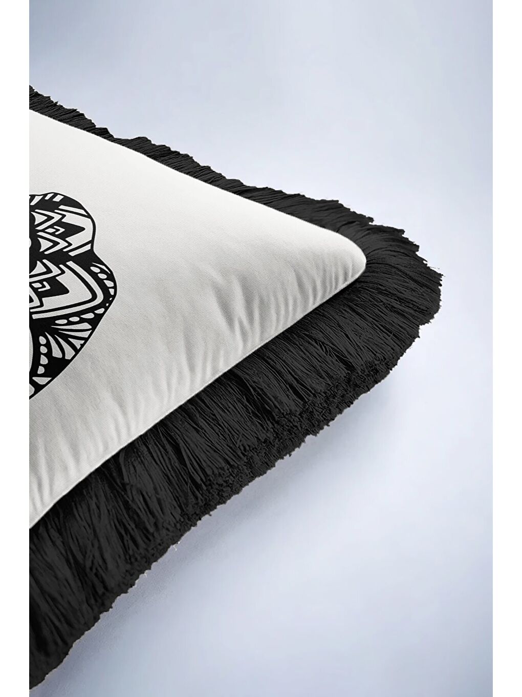 Karışık Mandala Fil Motifli Saçaklı Yastık Kılıfı - Bohem Siyah Beyaz Püsküllü Kırlent Kılıfı-6