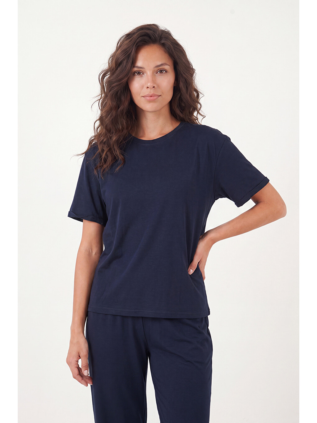 Lacivert Yumuşak Dokulu Bisiklet Yaka Lastikli Bel Kısa Kollu Kadın Pijama Takımı 65720102-2