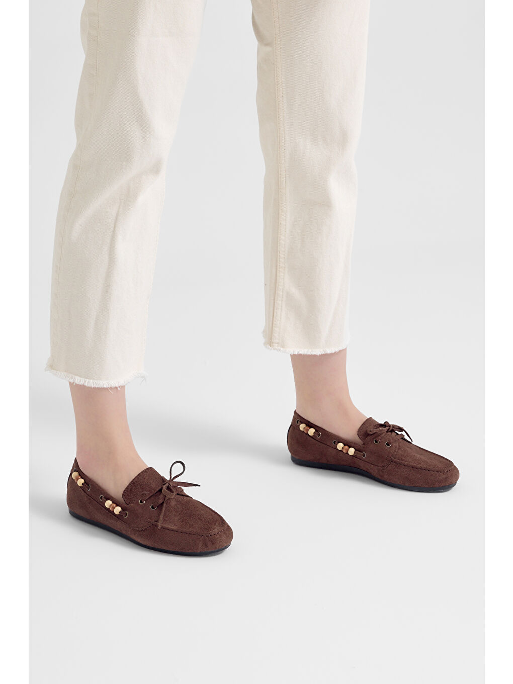 Kahverengi Kadın Kahve Rahat Kalıp Boncuk Detaylı Günlük Babet-3