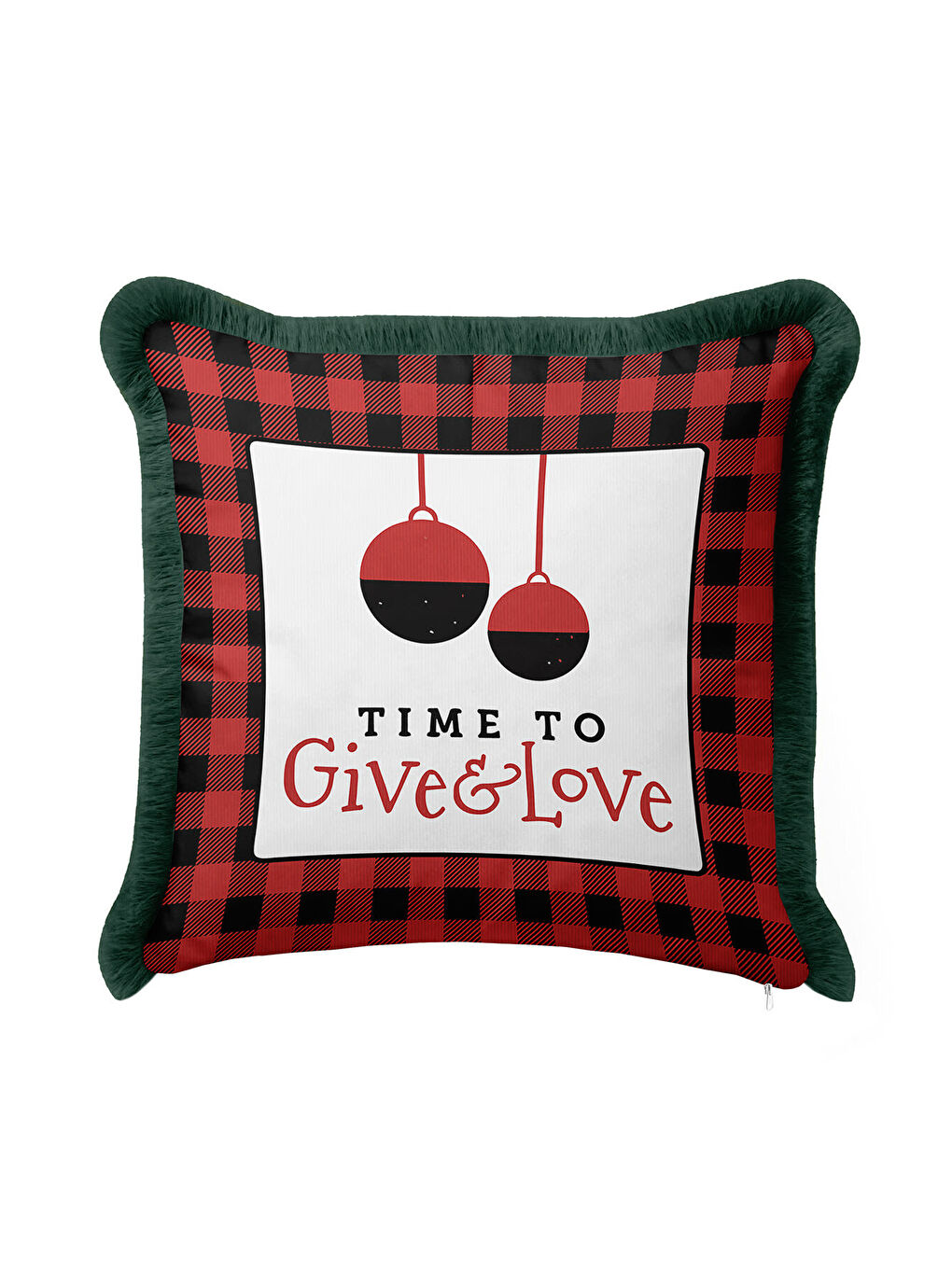 Karışık Lüks Kırmızı Ekose Saçaklı Yastık Kılıfı - Rustik Yeni Yıl Temalı Yeşil Püsküllü Kırlent Kılıfı-4