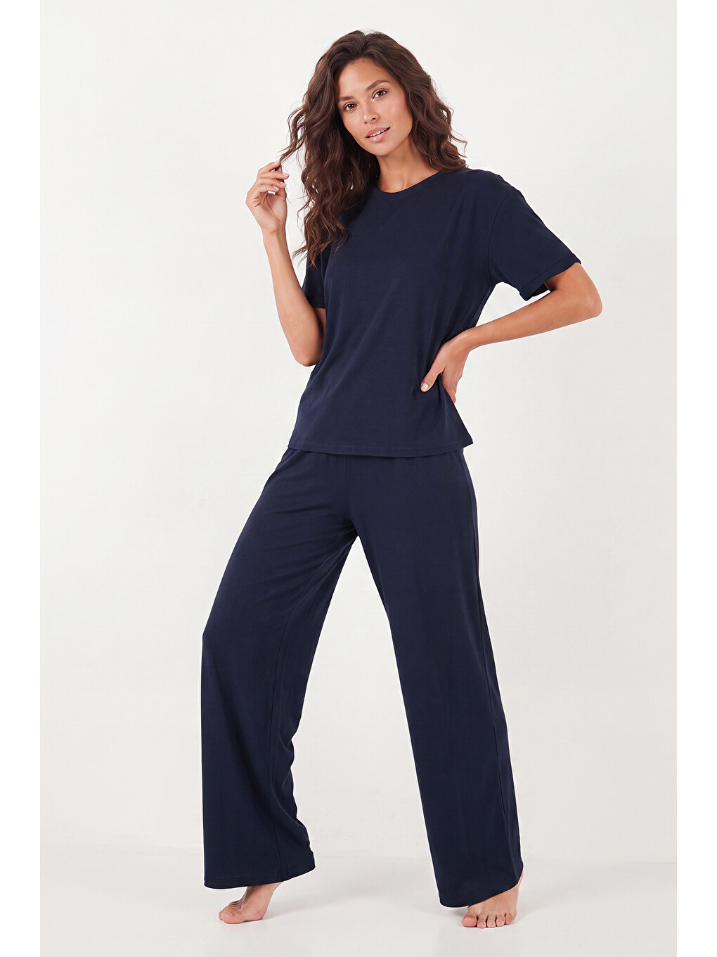 Lacivert Yumuşak Dokulu Bisiklet Yaka Lastikli Bel Kısa Kollu Kadın Pijama Takımı 65720102-3