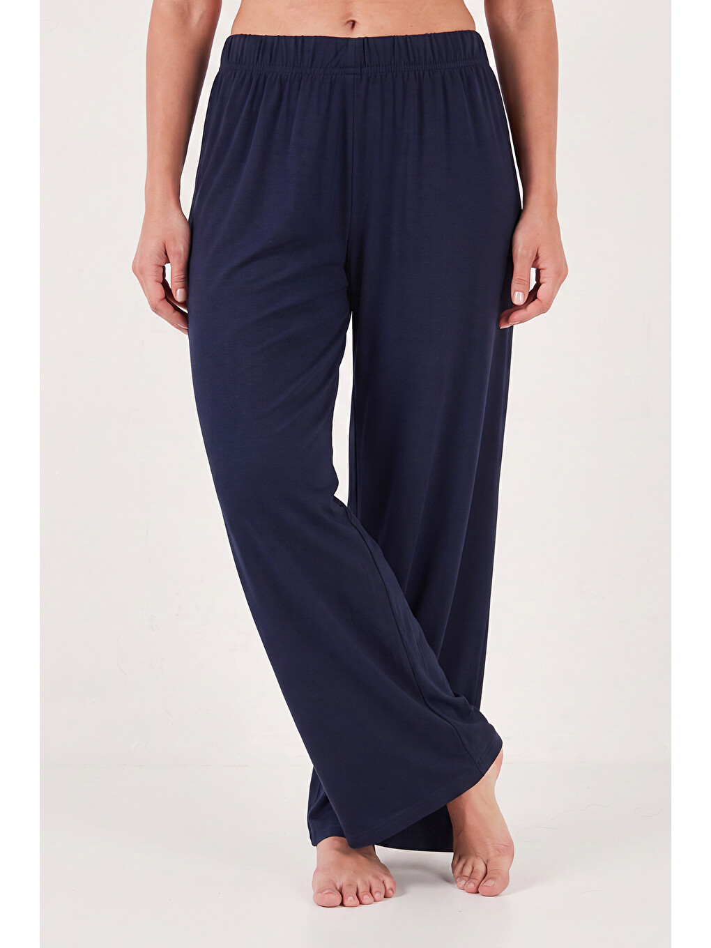 Lacivert Yumuşak Dokulu Bisiklet Yaka Lastikli Bel Kısa Kollu Kadın Pijama Takımı 65720102-4