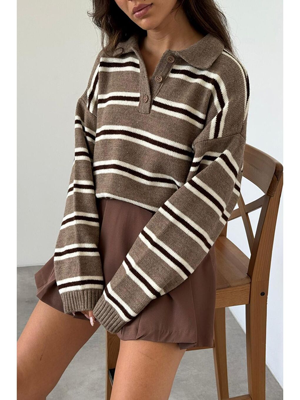 Bej Vizon Polo Yaka Çizgili Kadın Triko Kazak Mg2469-4