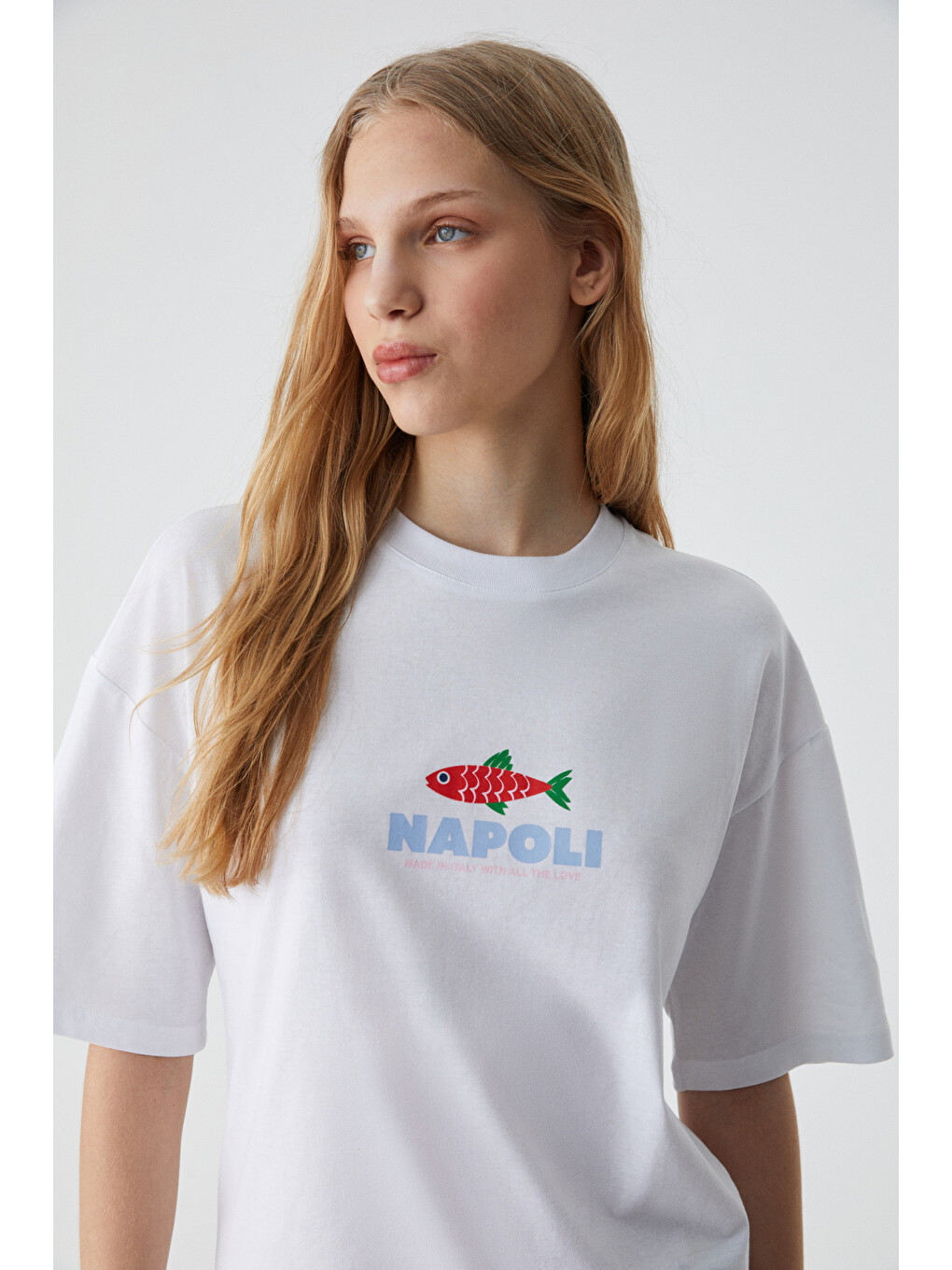 Caıtlyn Kadın Oversize Bisiklet Yaka Beyaz T-shirt-2