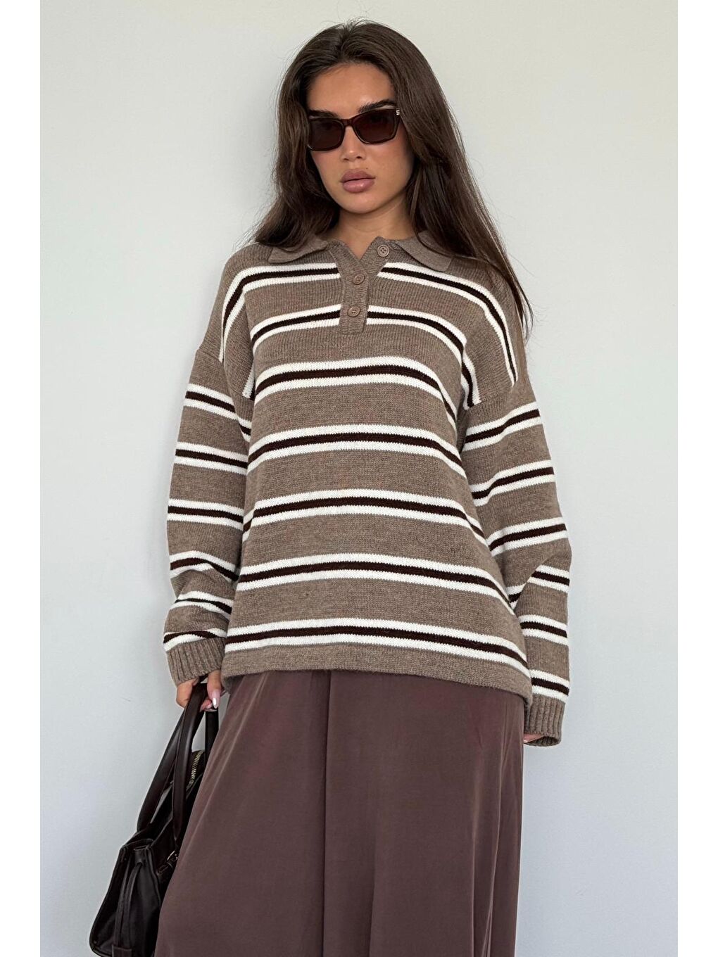 Bej Vizon Polo Yaka Çizgili Kadın Triko Kazak Mg2469-5