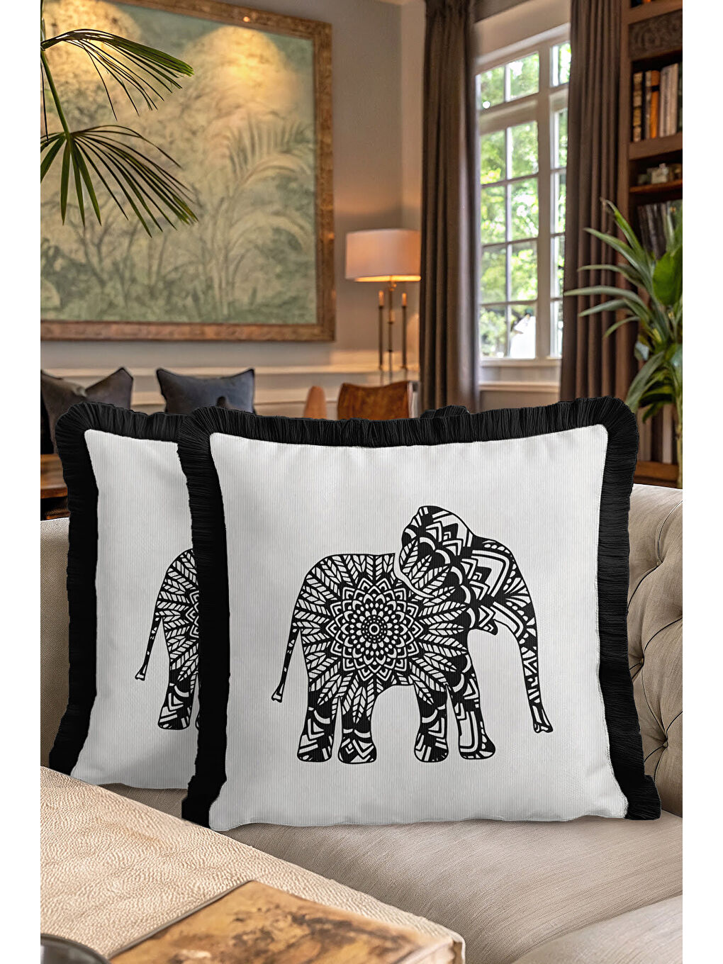 Karışık Mandala Fil Motifli Saçaklı Yastık Kılıfı - Bohem Siyah Beyaz Püsküllü Kırlent Kılıfı-7
