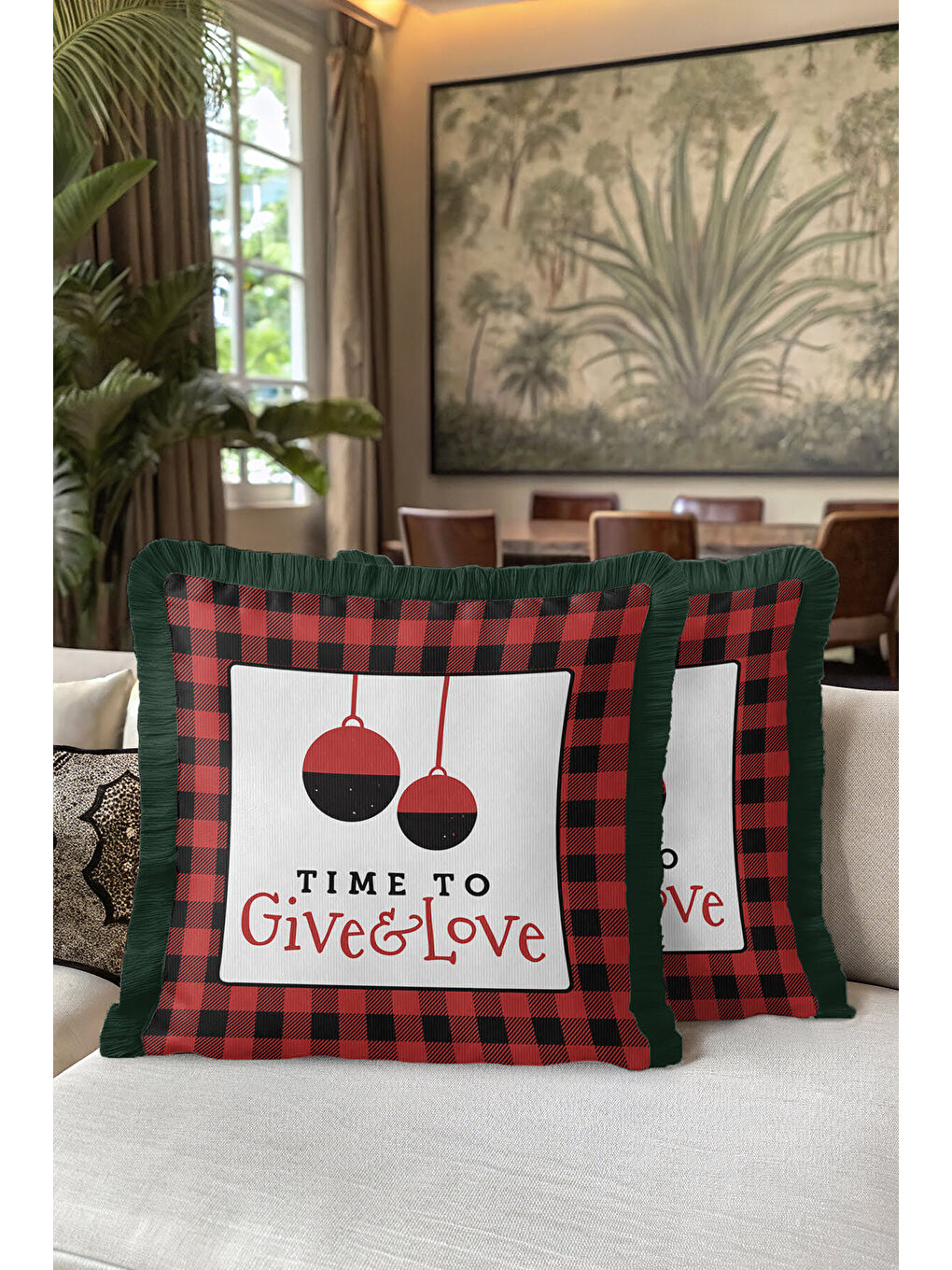 Karışık Lüks Kırmızı Ekose Saçaklı Yastık Kılıfı - Rustik Yeni Yıl Temalı Yeşil Püsküllü Kırlent Kılıfı-5