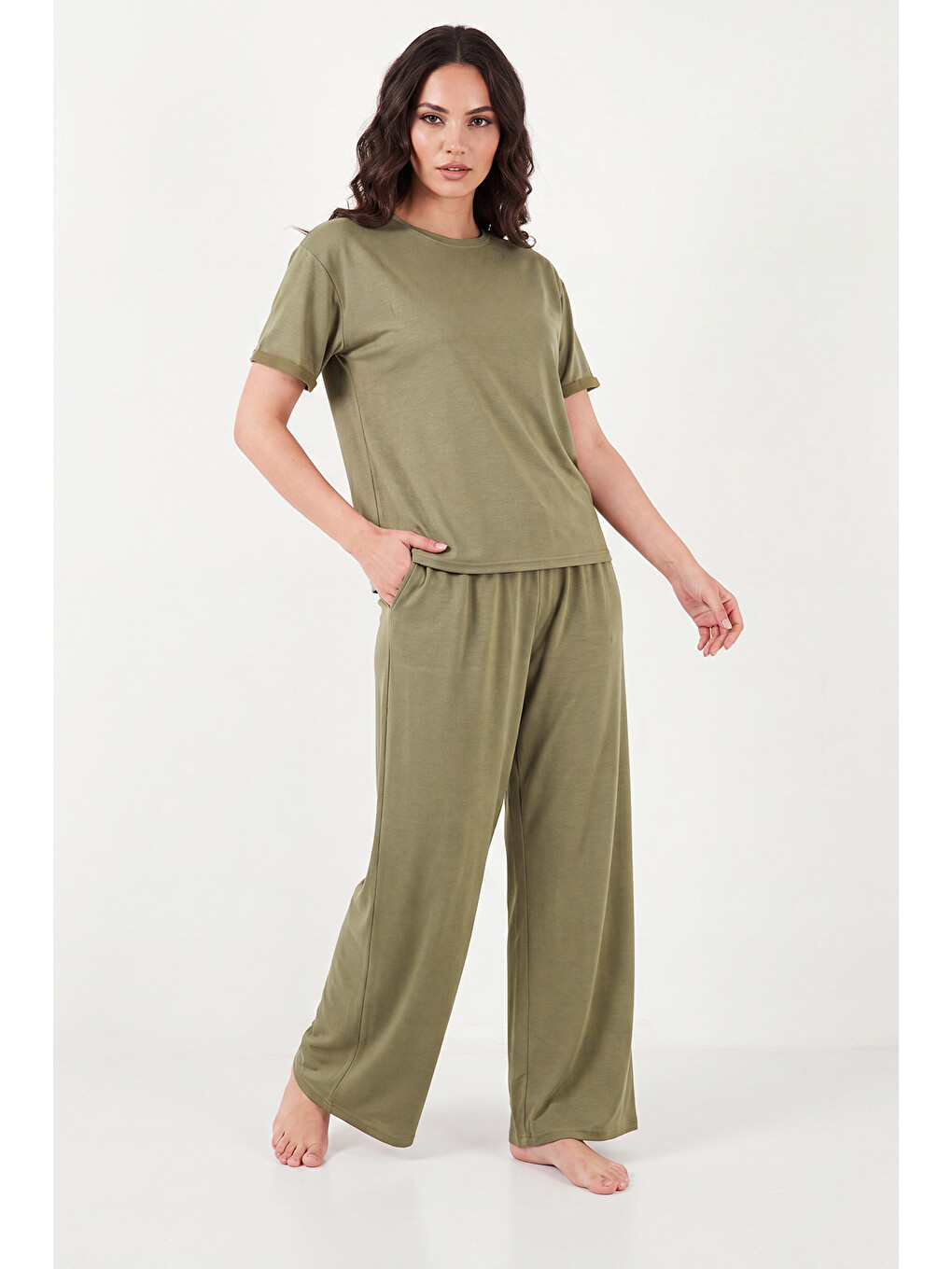 Haki Yumuşak Dokulu Bisiklet Yaka Lastikli Bel Kısa Kollu Kadın Pijama Takımı 65720102-1