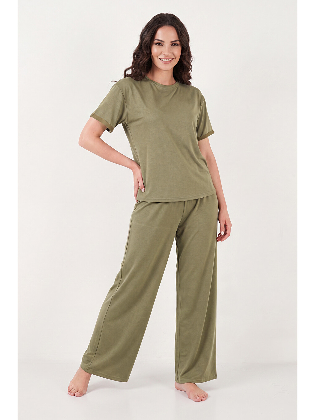 Haki Yumuşak Dokulu Bisiklet Yaka Lastikli Bel Kısa Kollu Kadın Pijama Takımı 65720102-2