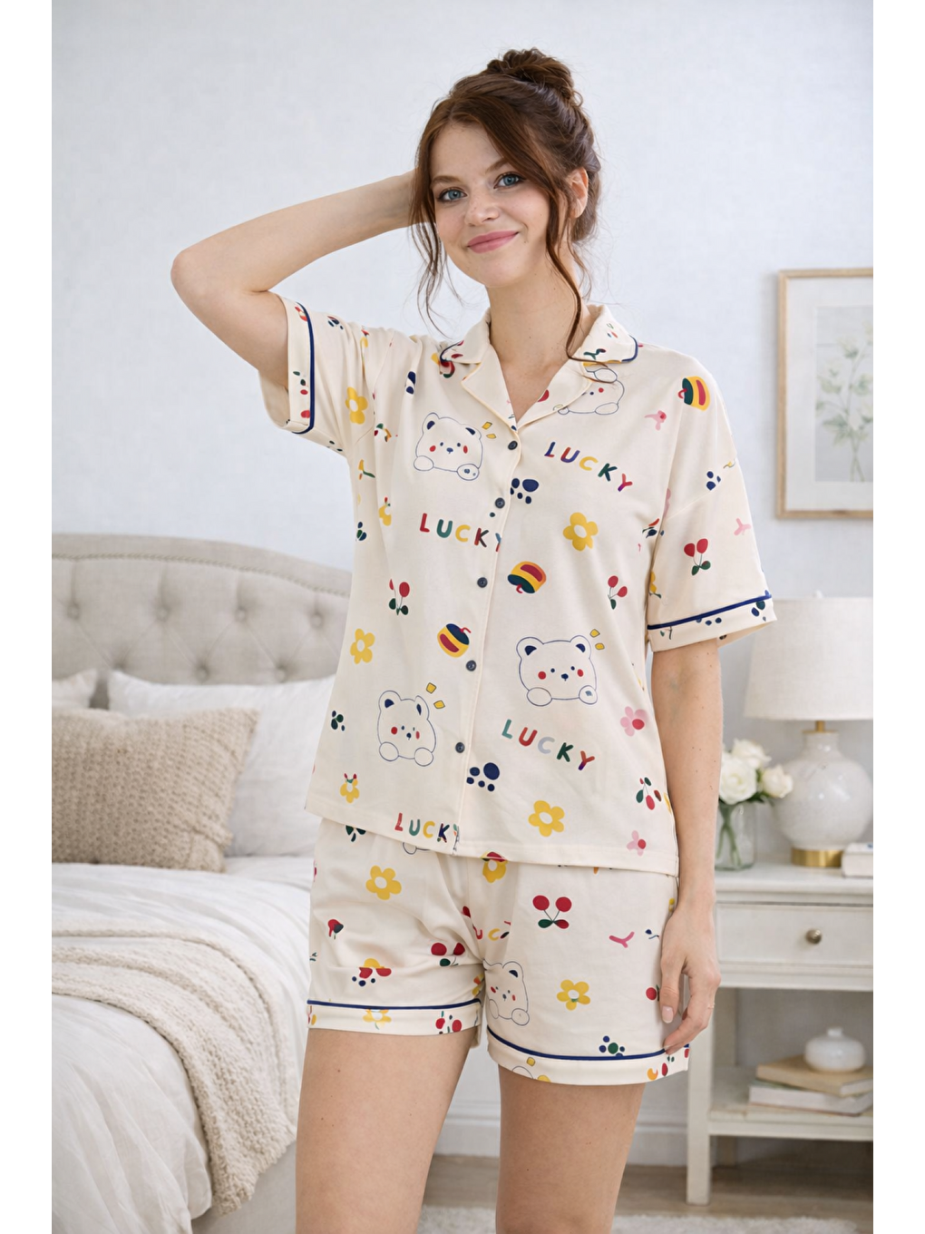 Ekru PREMIUM Kadın Viskon/Bambu Yüksek Kaliteli Gömlek Yaka Düğmeli Biyeli Esnek Şortlu Pijama Takımı