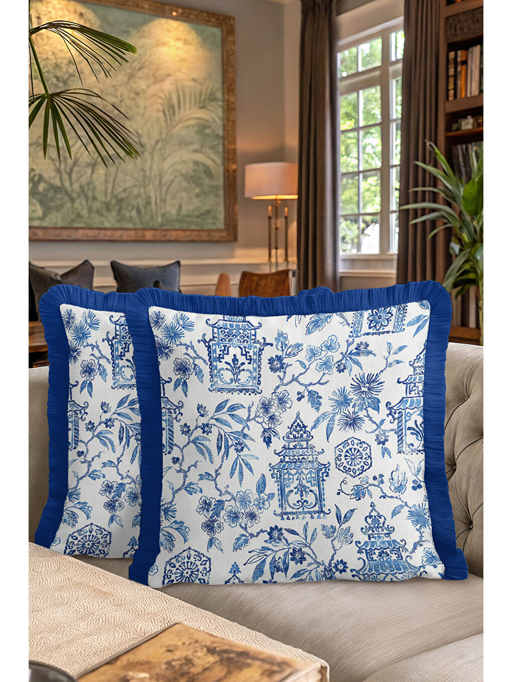 Karışık Zarif Motifli Saçaklı Yastık Kılıfı - Chinoiserie Bahar Mavisi Vintage Püsküllü Kırlent Kılıfı-7