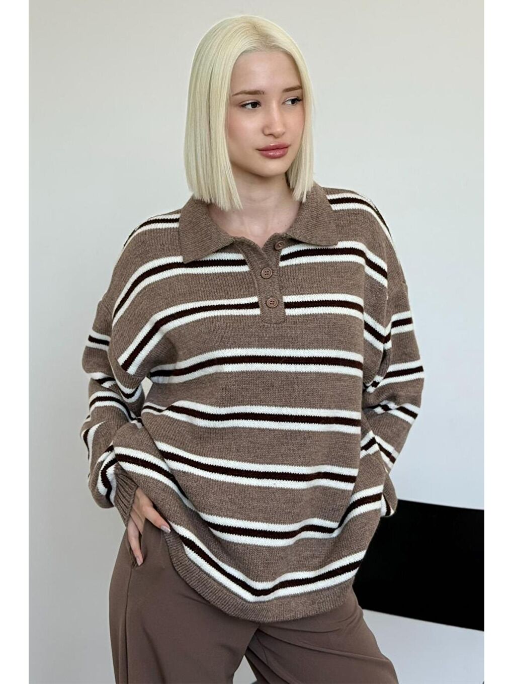 Bej Vizon Polo Yaka Çizgili Kadın Triko Kazak Mg2469-6