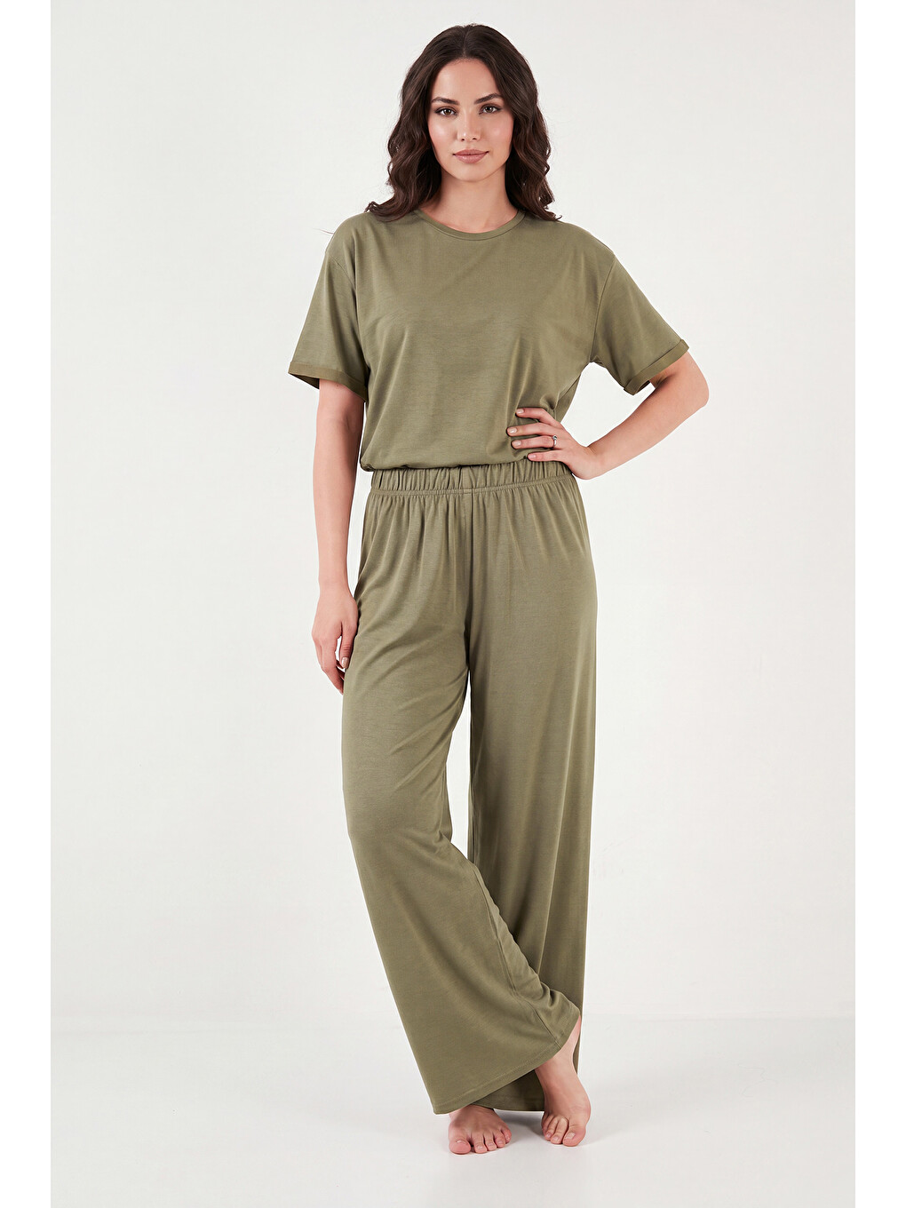 Haki Yumuşak Dokulu Bisiklet Yaka Lastikli Bel Kısa Kollu Kadın Pijama Takımı 65720102-4
