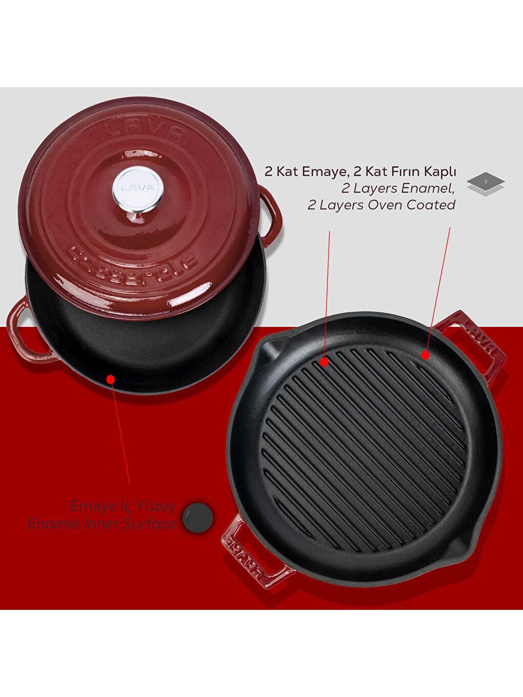 Bordo Serisi Döküm 3 Parça Set – Tencere ve Izgara ile Sofralarda Fark Yaratın-5