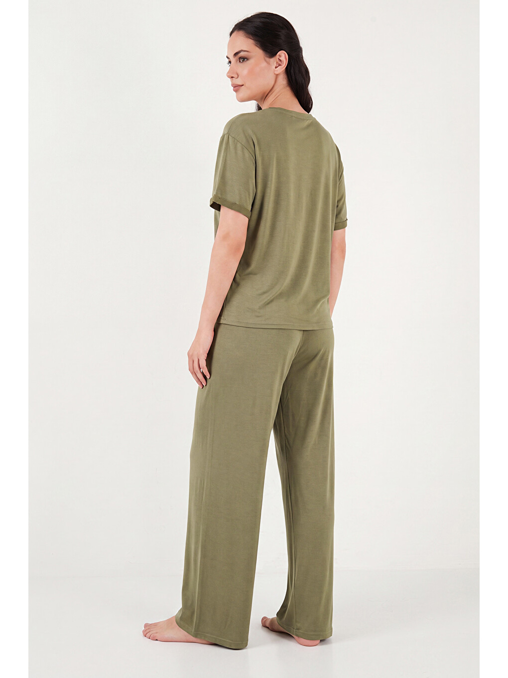 Haki Yumuşak Dokulu Bisiklet Yaka Lastikli Bel Kısa Kollu Kadın Pijama Takımı 65720102-6