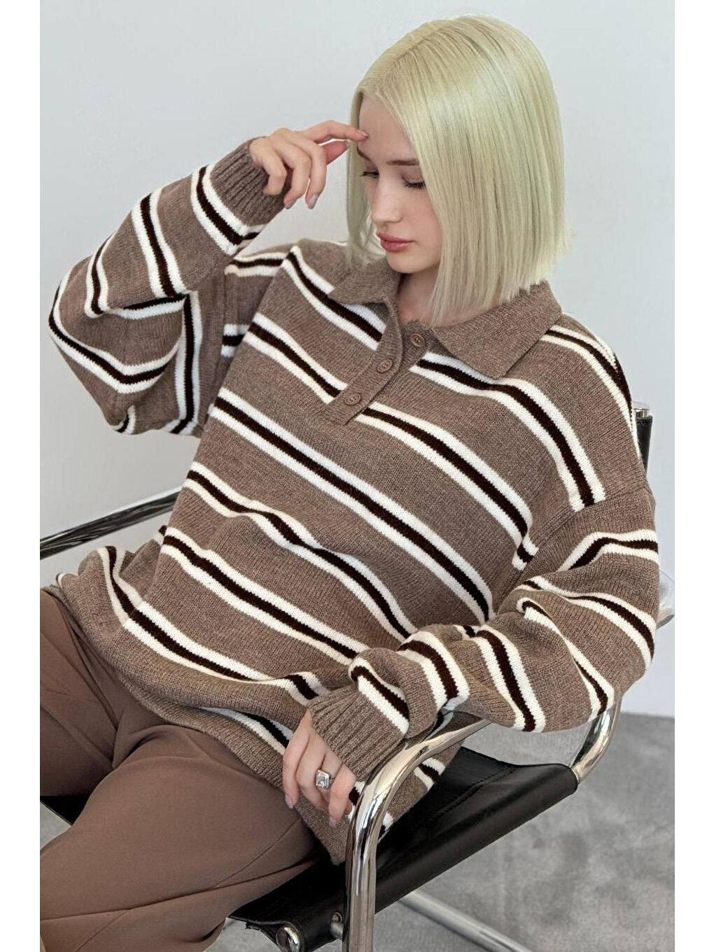 Bej Vizon Polo Yaka Çizgili Kadın Triko Kazak Mg2469-7