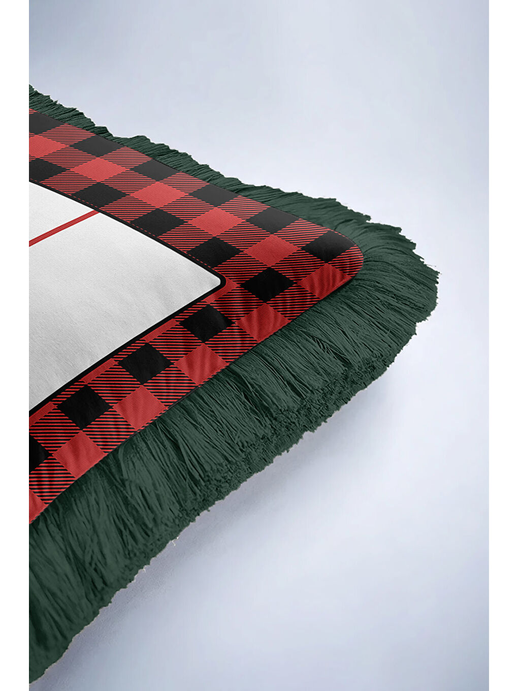 Karışık Lüks Kırmızı Ekose Saçaklı Yastık Kılıfı - Rustik Yeni Yıl Temalı Yeşil Püsküllü Kırlent Kılıfı-6