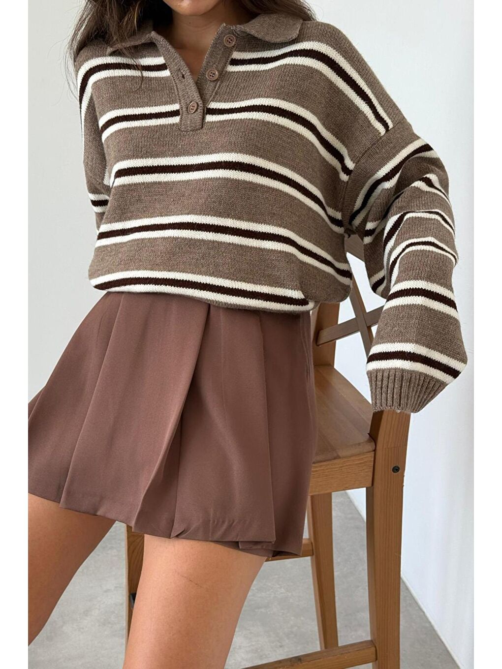 Bej Vizon Polo Yaka Çizgili Kadın Triko Kazak Mg2469-8