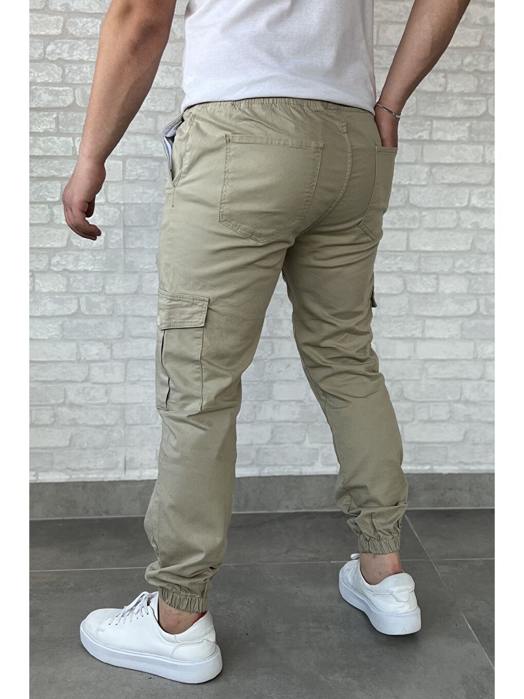 Yeşil Bel Ve Paça Lastikli Kargo Cep Gabardin Erkek Pantolon-2