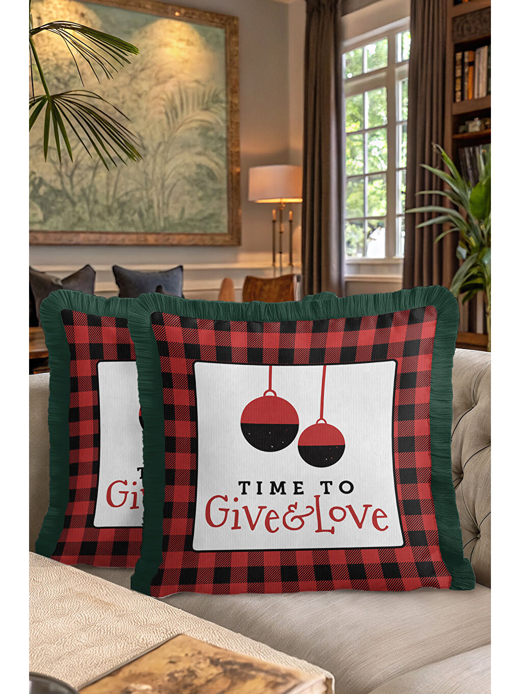 Karışık Lüks Kırmızı Ekose Saçaklı Yastık Kılıfı - Rustik Yeni Yıl Temalı Yeşil Püsküllü Kırlent Kılıfı-7