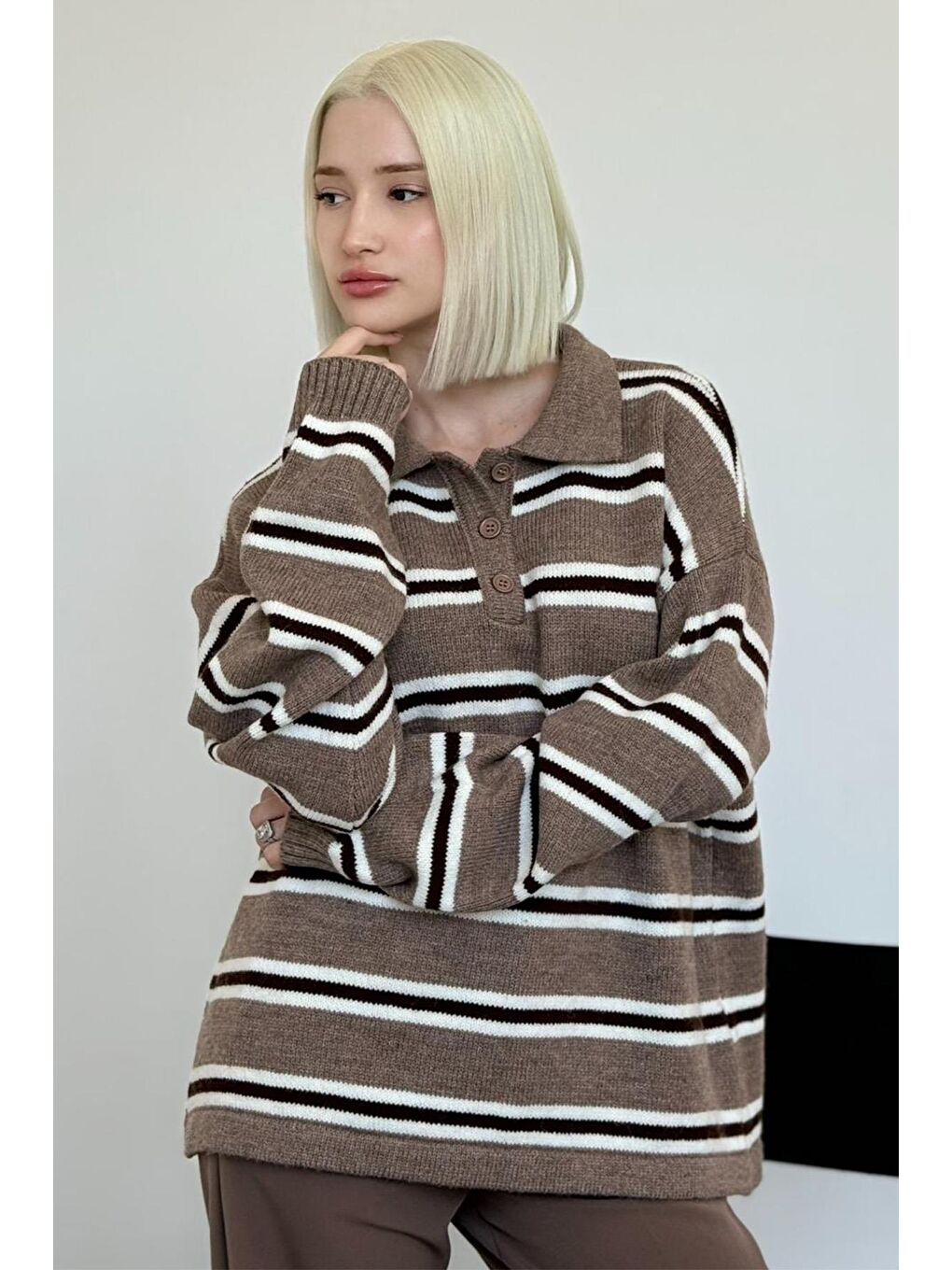 Bej Vizon Polo Yaka Çizgili Kadın Triko Kazak Mg2469-9