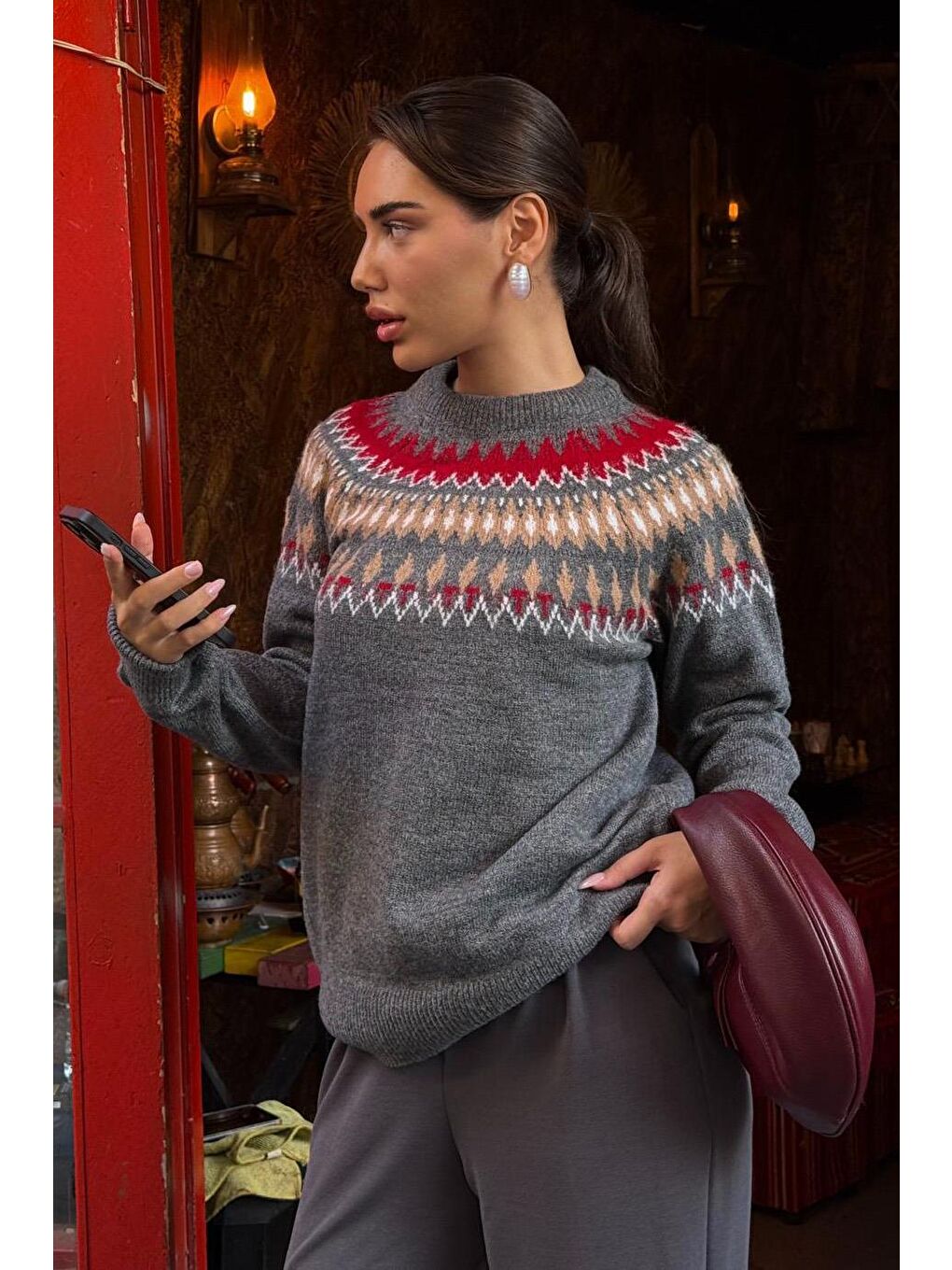 Antrasit Bisiklet Yaka Desenli Kadın Triko Kazak Mg2502