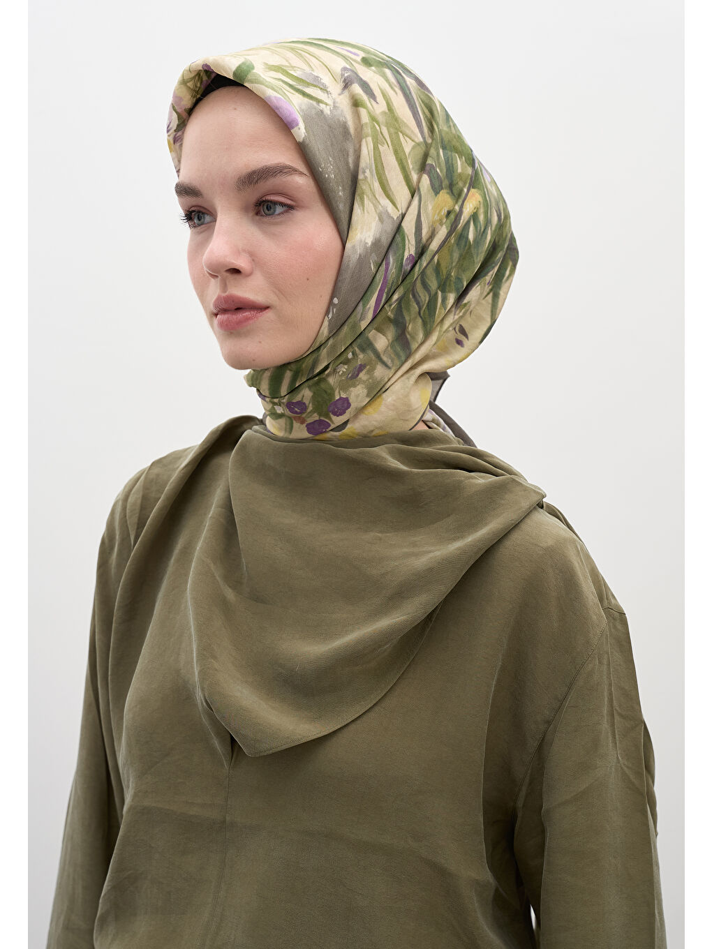 Bej Josıane Desen Pamuklu Viskon Eşarp Vizon-1