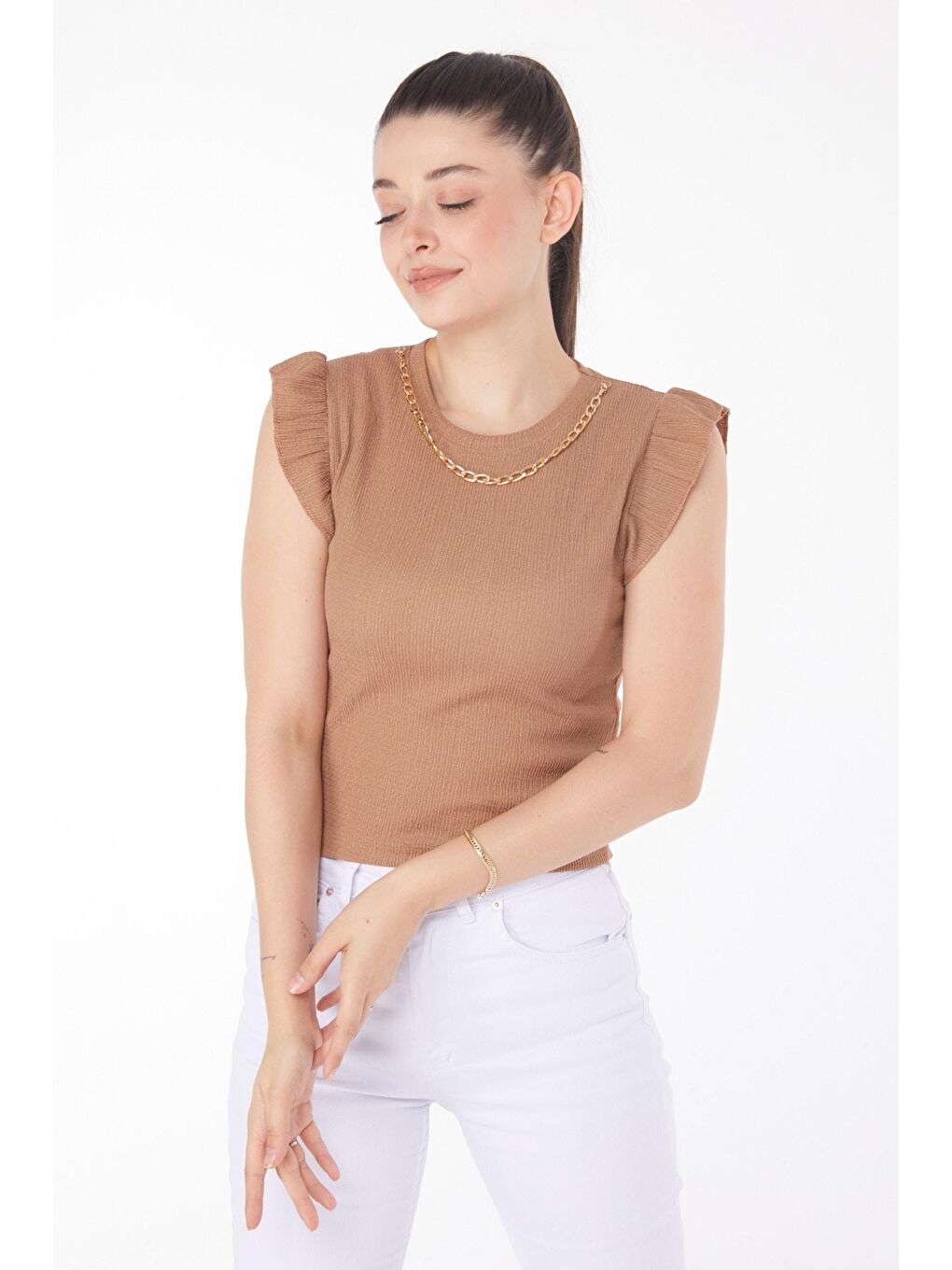 Bej Bisiklet Yaka Kadın Vizon Zincir Kolyeli Bluz - 25861