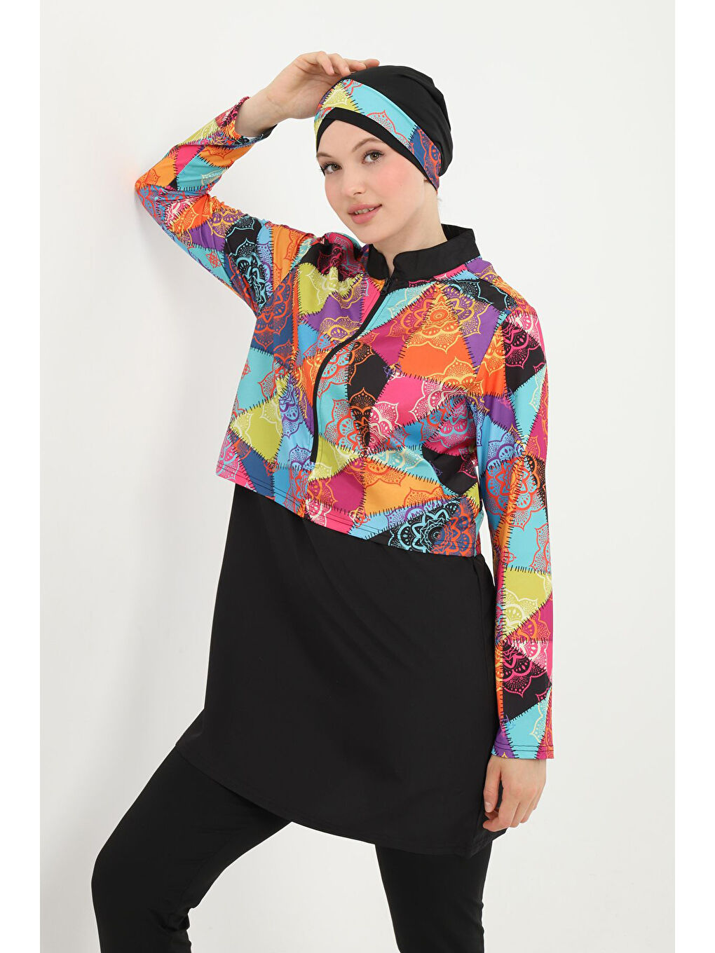 Büyük Beden Desenli Tam Kapalı Tesettür Mayo 14 Siyah05-1