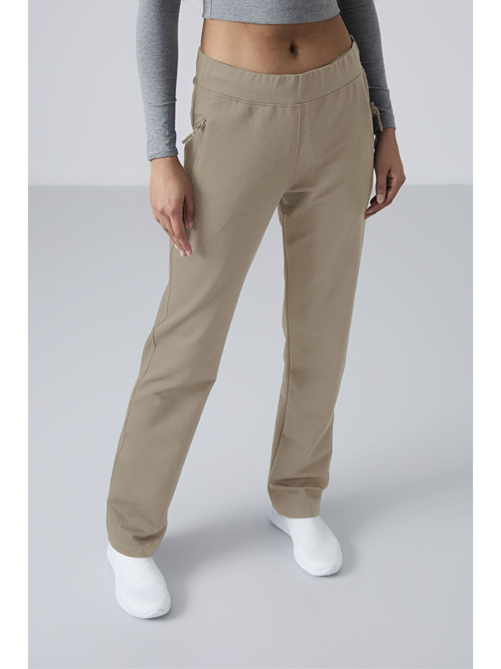 Koyu Bej Fermuar Cepli Rahat Form Klasik Paça Kadın Eşofman Alt - 94195-2