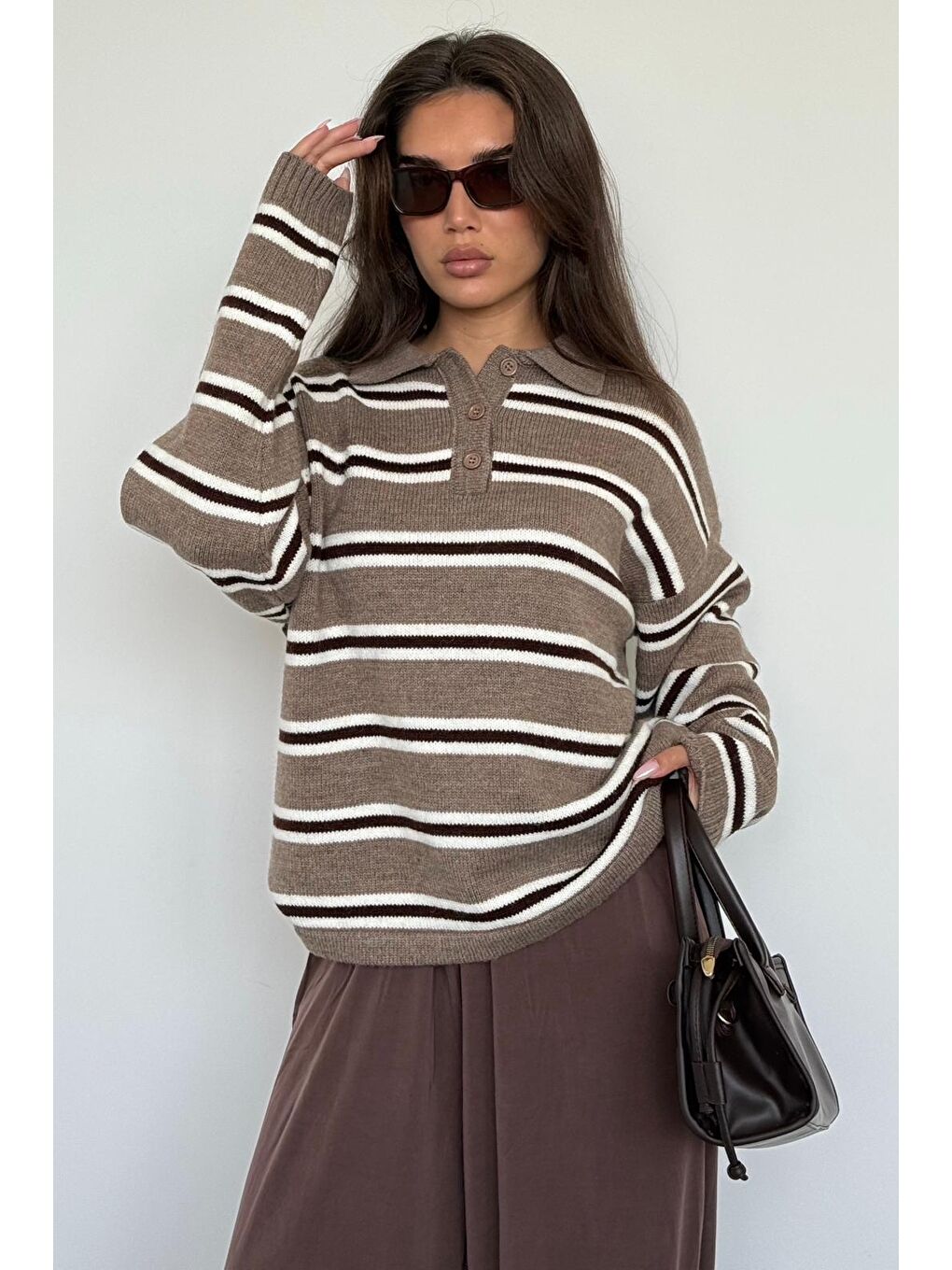 Bej Vizon Polo Yaka Çizgili Kadın Triko Kazak Mg2469-10